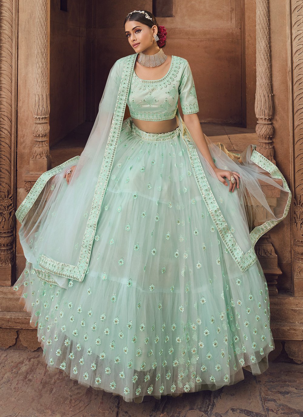 A Line Lehenga Net Sea Green Embroidered Lehenga Choli