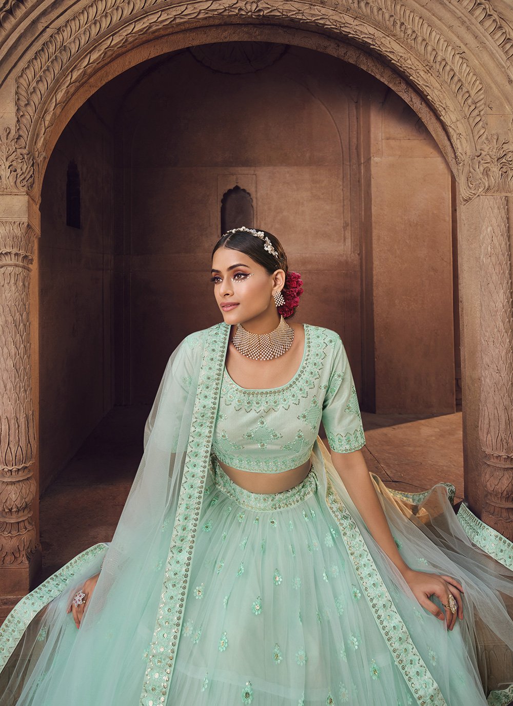 A Line Lehenga Net Sea Green Embroidered Lehenga Choli