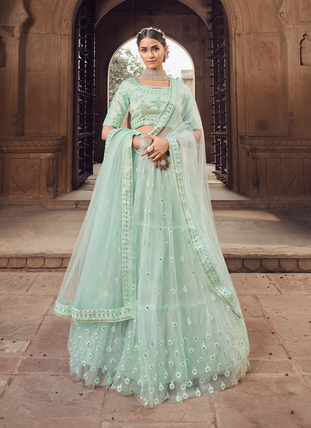 A Line Lehenga Net Sea Green Embroidered Lehenga Choli