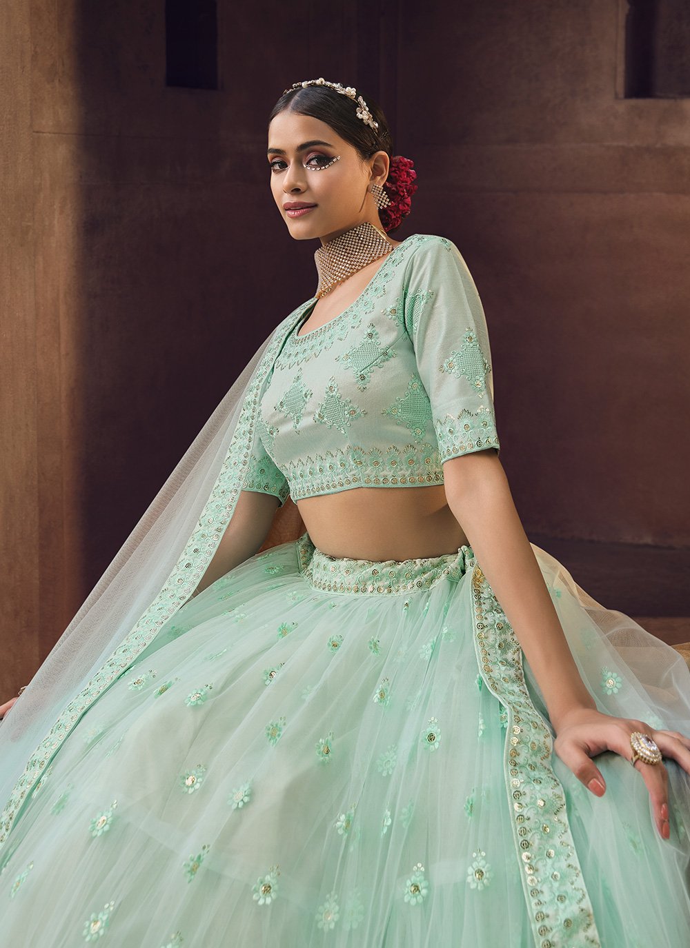 A Line Lehenga Net Sea Green Embroidered Lehenga Choli