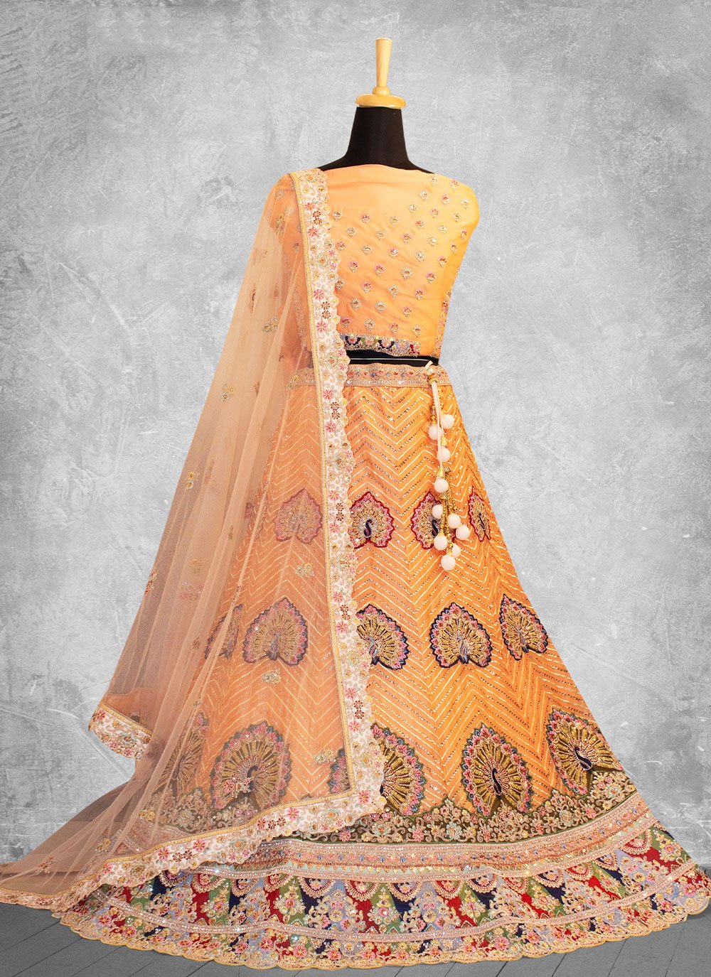 A Line Lehenga Georgette Orange Embroidered Lehenga Choli