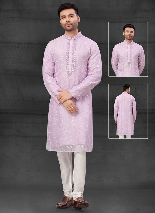 Kurta Pyjama Organza Silk Pink Thread Mens