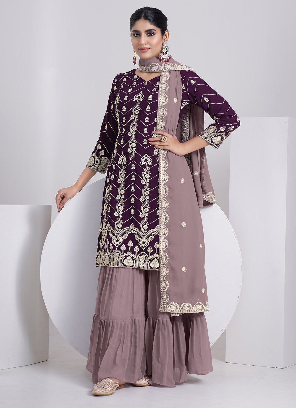 Sharara Set Faux Georgette Purple Embroidered Salwar Kameez