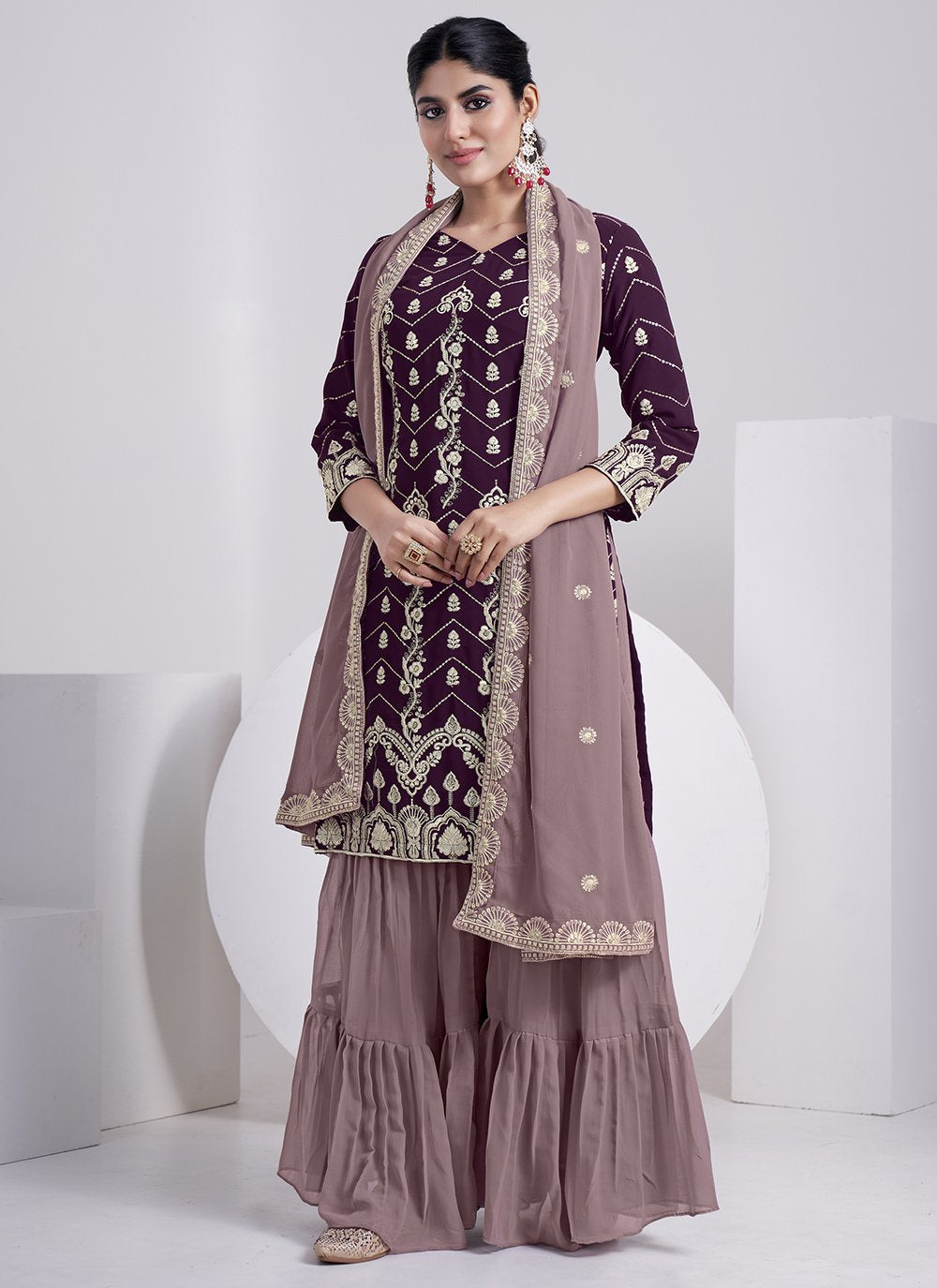 Sharara Set Faux Georgette Purple Embroidered Salwar Kameez