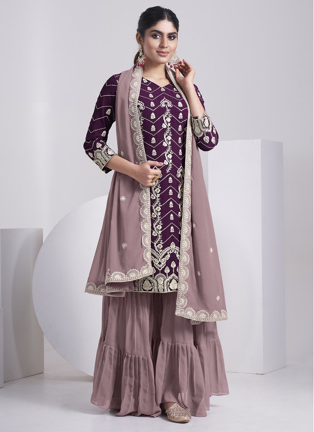 Sharara Set Faux Georgette Purple Embroidered Salwar Kameez