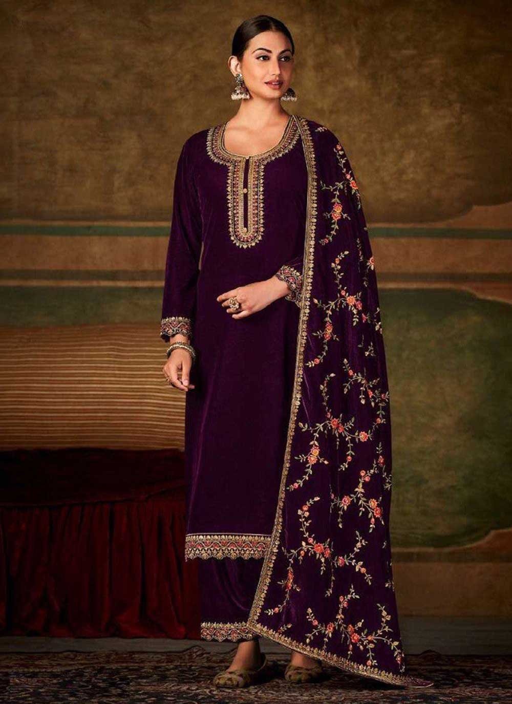 Palazzo Salwar Suit Velvet Purple Embroidered Salwar Kameez