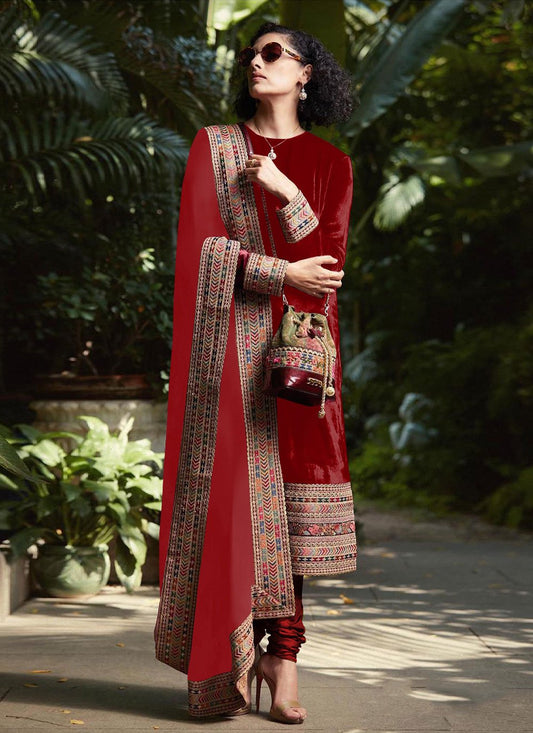 Floor Lenght Salwar Suit Velvet Red Embroidered Salwar Kameez