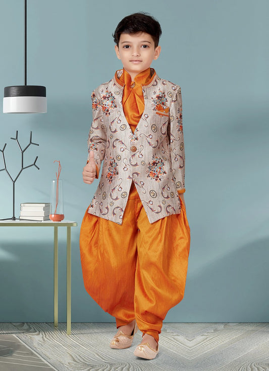 Indo Western Sherwani Jacquard Silk Grey Orange Thread Kids