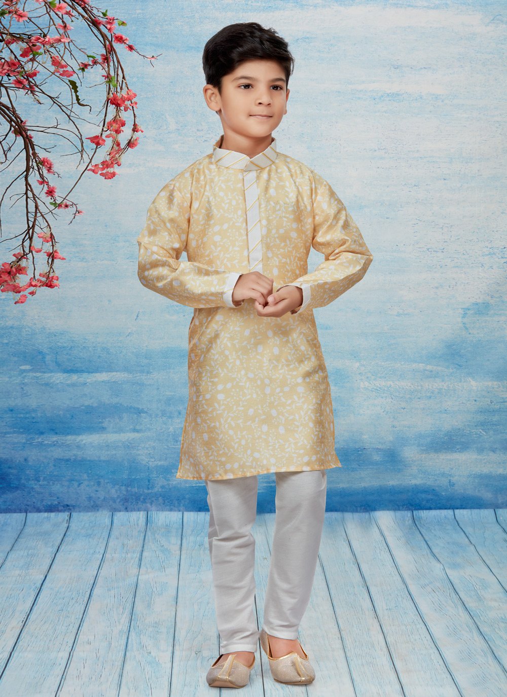 Kurta Pyjama Dupion Silk Beige Print Kids