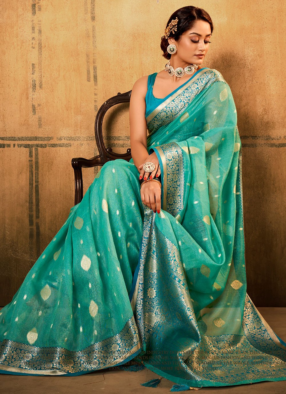 Classic Banarasi Silk Tissue Aqua Blue Patch Border Saree