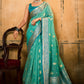 Classic Banarasi Silk Tissue Aqua Blue Patch Border Saree