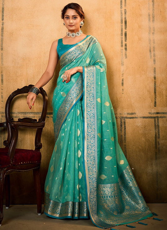 Classic Banarasi Silk Tissue Aqua Blue Patch Border Saree