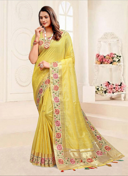 Designer Linen Tissue Yellow Floral Patch Saree