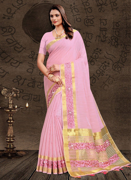 Classic Linen Tissue Pink Embroidered Saree