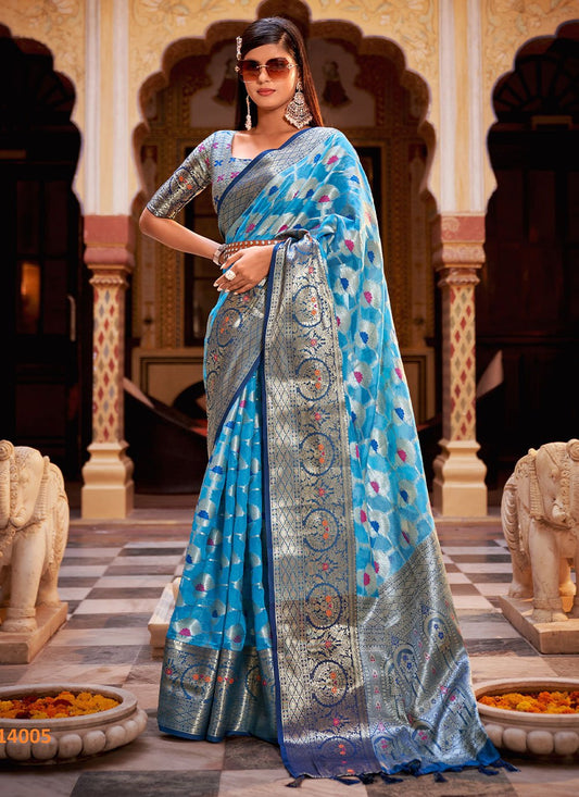 Classic Silk Tissue Aqua Blue Weaving Saree