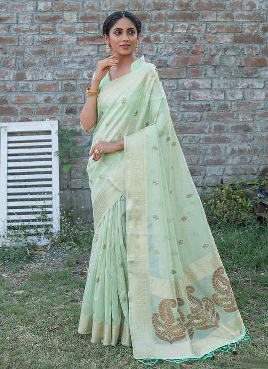 Contemporary Linen Tissue Sea Green Woven Saree