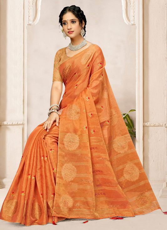 Contemporary Tissue Orange Embroidered Saree