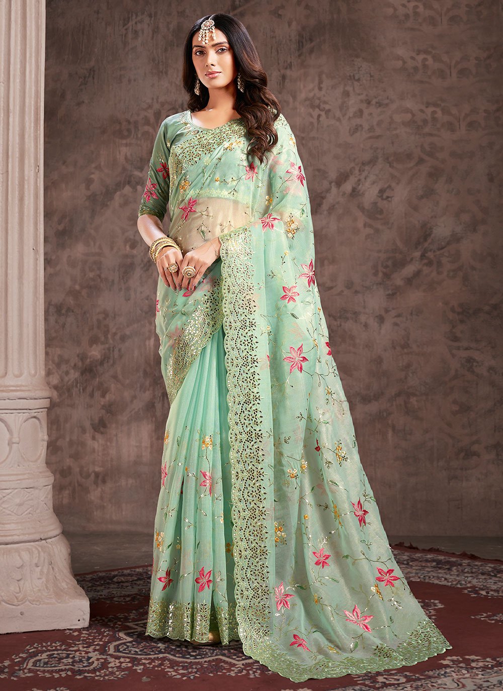 Contemporary Tissue Sea Green Embroidered Saree