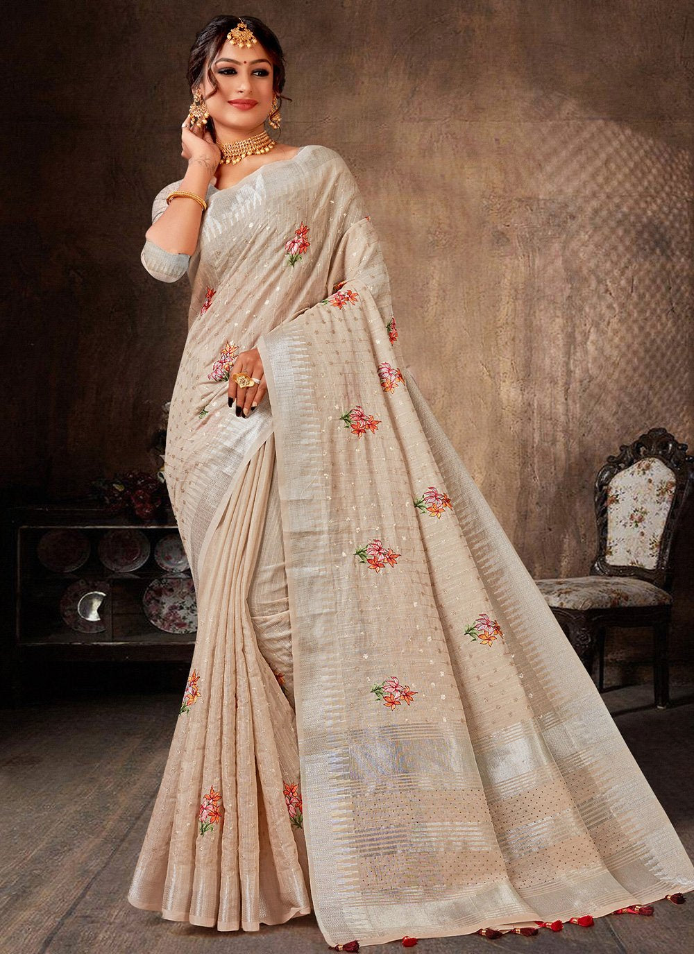 Trendy Saree Linen Tissue Beige Embroidered Saree