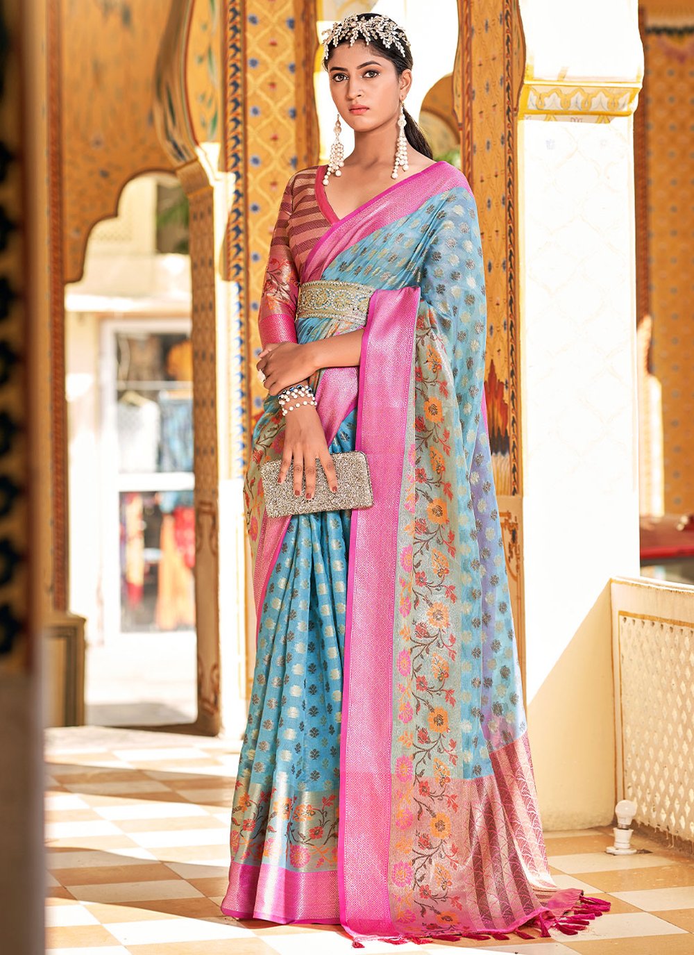 Contemporary Silk Tissue Aqua Blue Weaving Saree