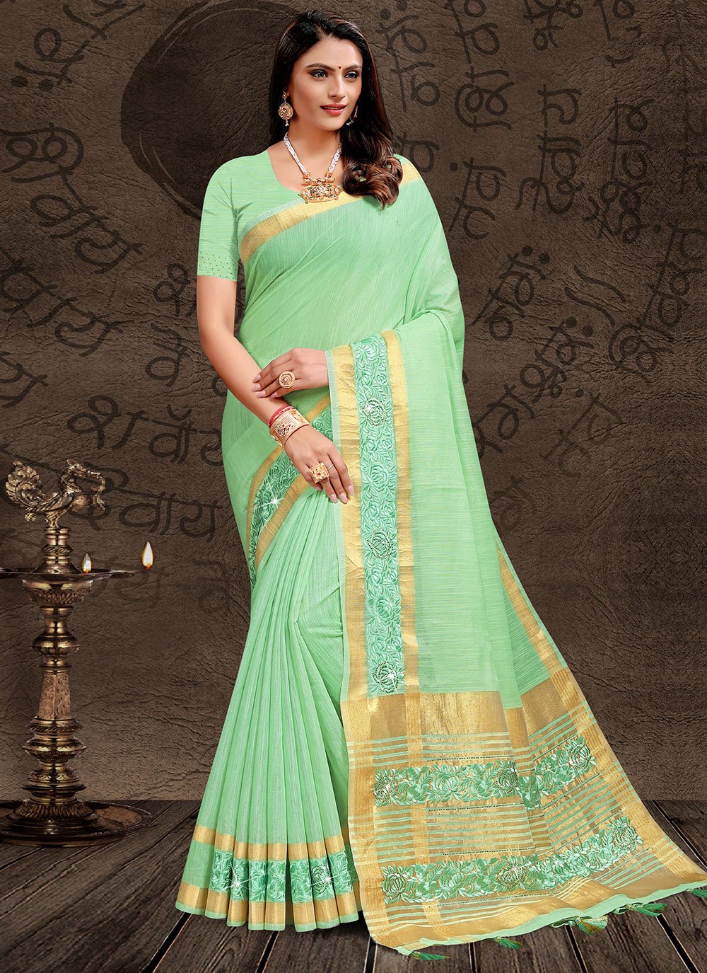 Trendy Saree Linen Tissue Green Embroidered Saree