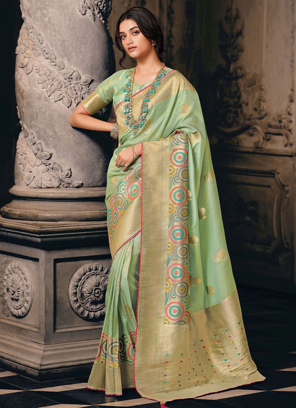 Contemporary Silk Tissue Green Meenakari Saree