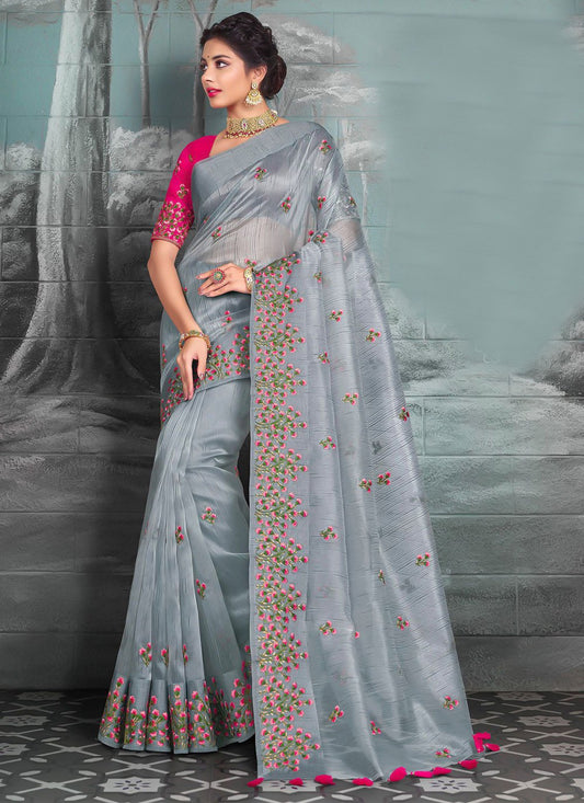 Trendy Saree Silk Tissue Grey Embroidered Saree