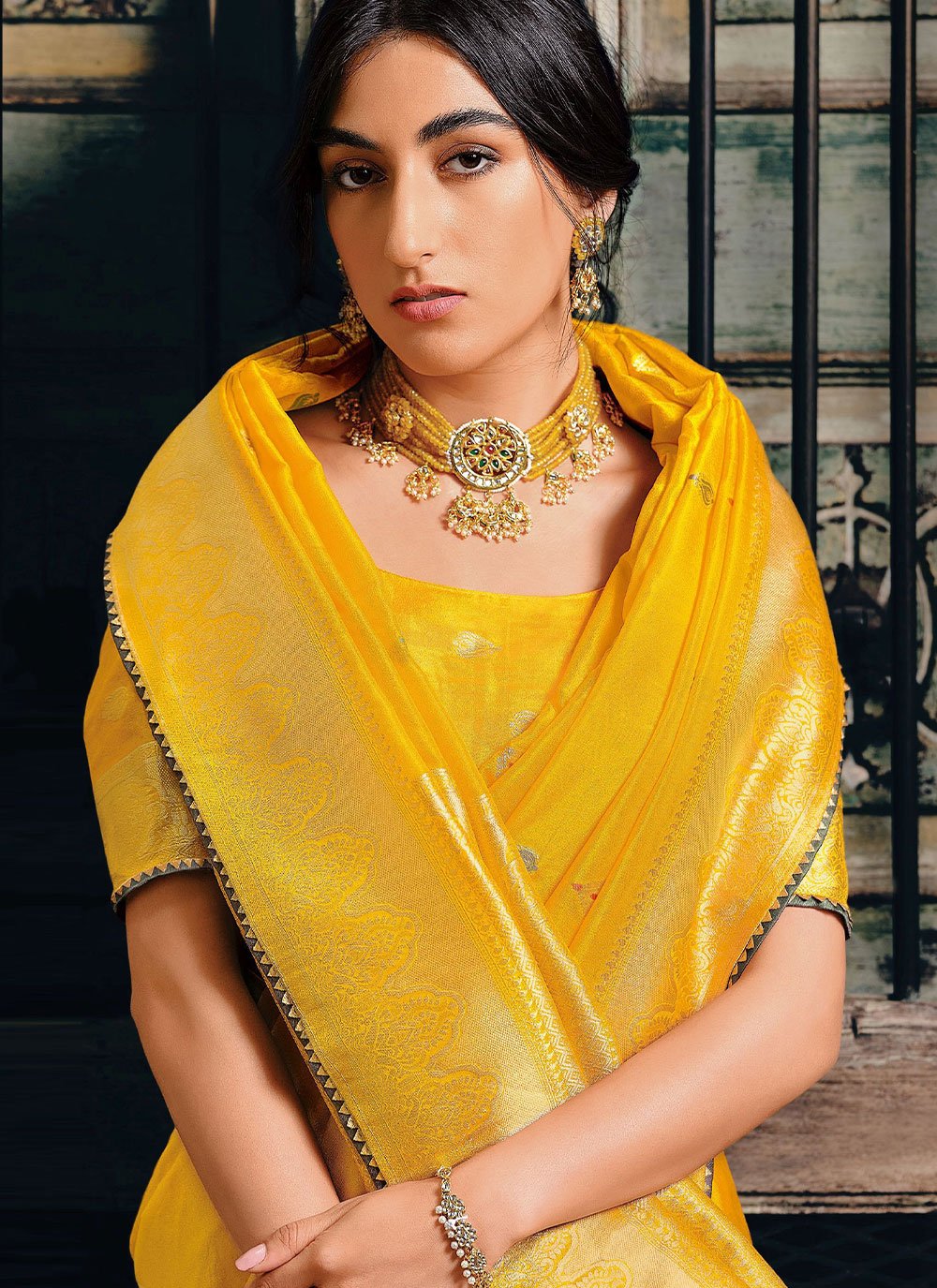 Trendy Saree Silk Tissue Yellow Meenakari Saree