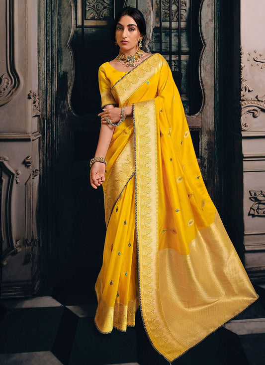 Trendy Saree Silk Tissue Yellow Meenakari Saree