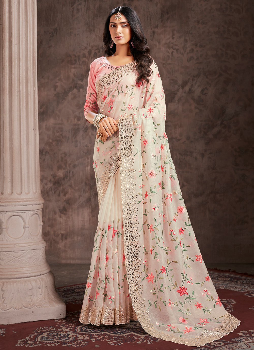 Trendy Saree Tissue Pink Embroidered Saree