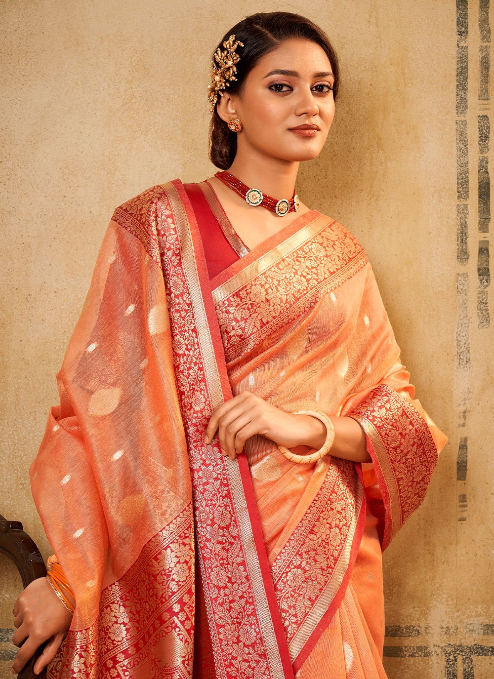 Trendy Saree Banarasi Silk Tissue Peach Patch Border Saree