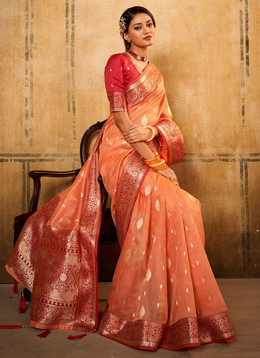 Trendy Saree Banarasi Silk Tissue Peach Patch Border Saree