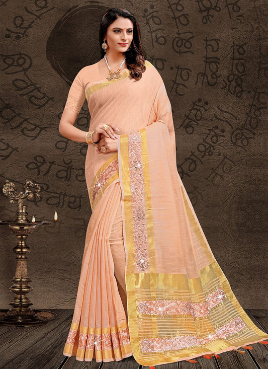 Contemporary Linen Tissue Peach Embroidered Saree