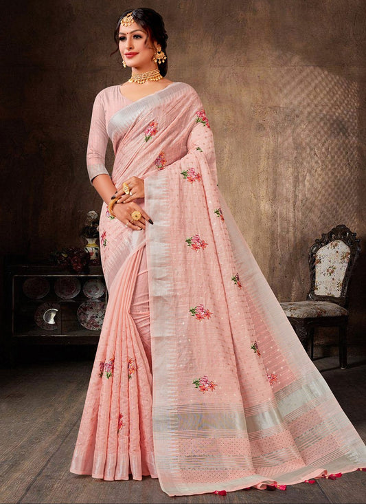 Trendy Saree Linen Tissue Peach Embroidered Saree