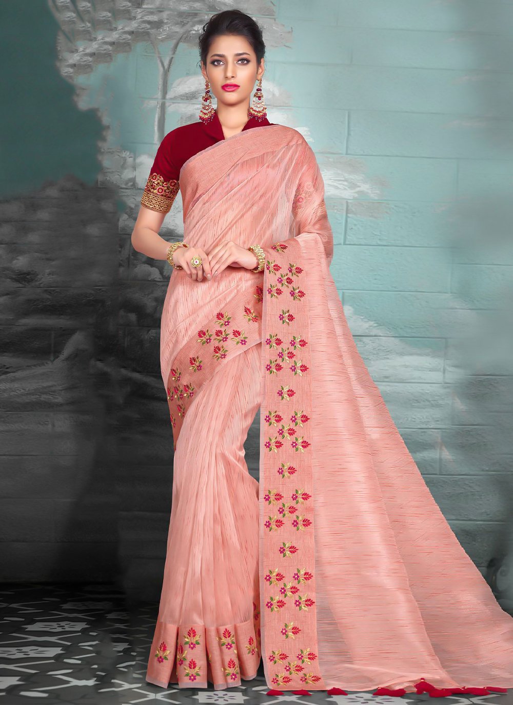 Classic Silk Tissue Peach Embroidered Saree