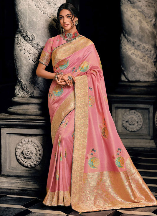 Classic Silk Tissue Pink Meenakari Saree