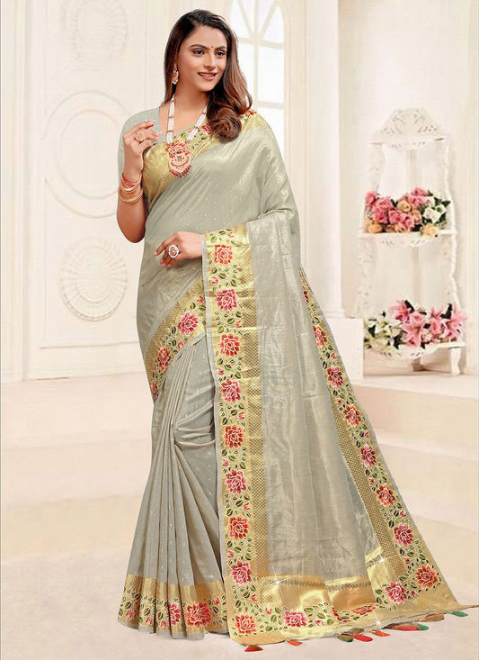 Traditional Saree Linen Tissue Grey Floral Patch Saree