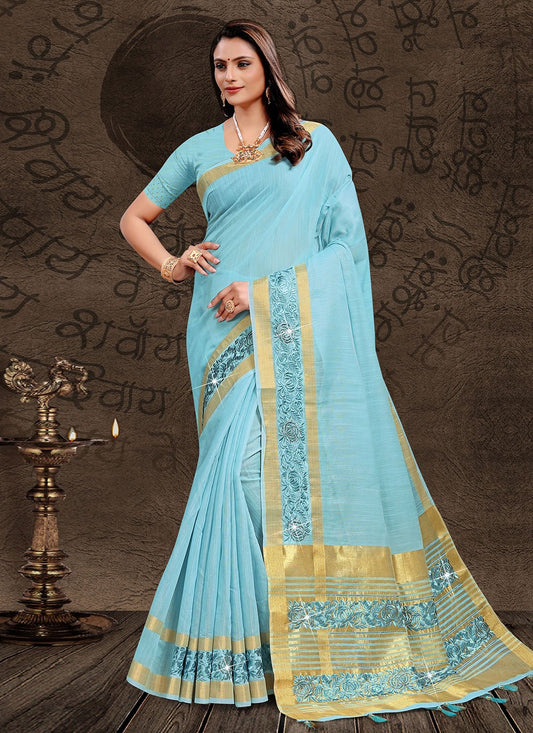 Designer Linen Tissue Aqua Blue Embroidered Saree