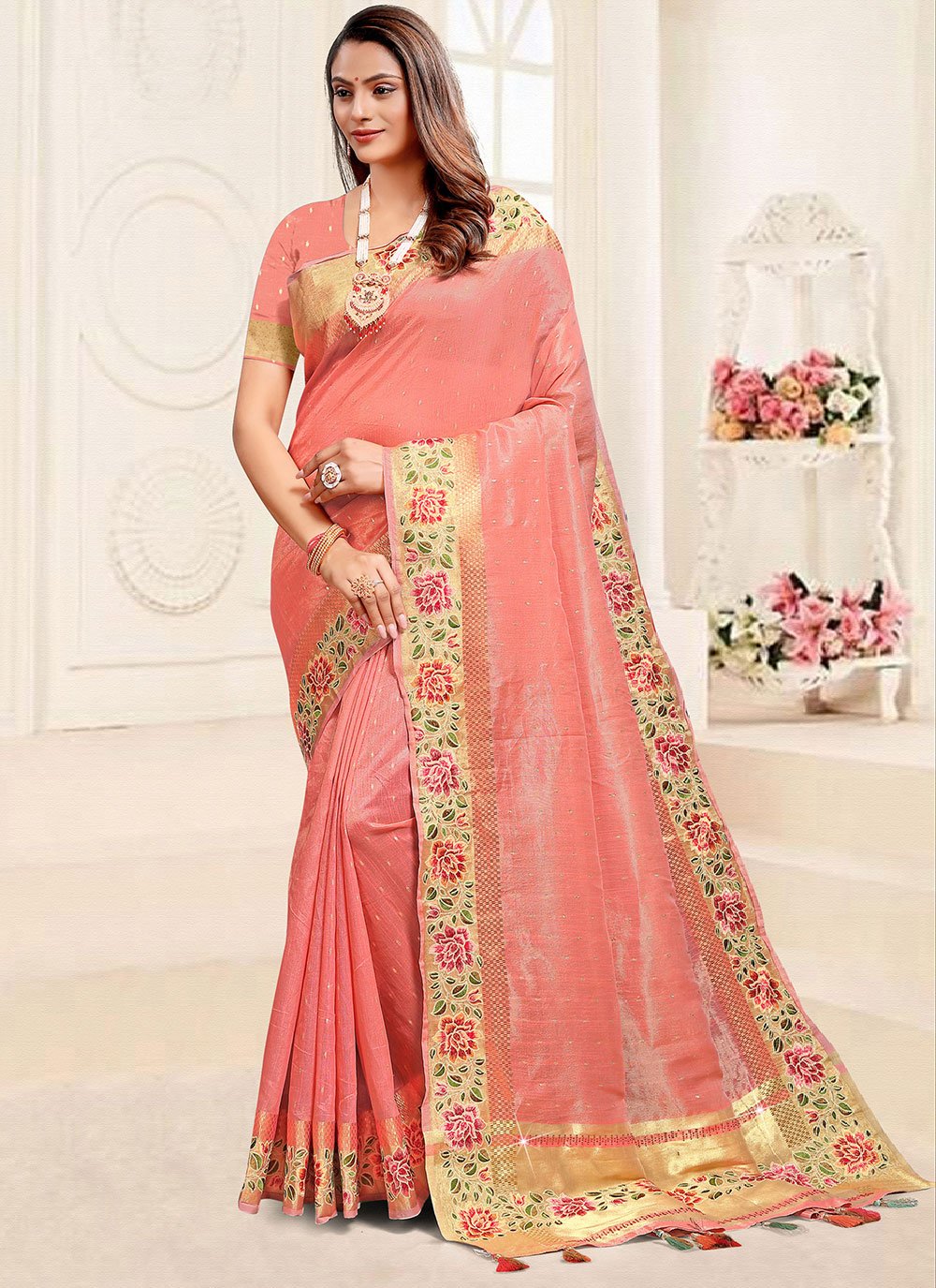 Classic Linen Tissue Peach Floral Patch Saree