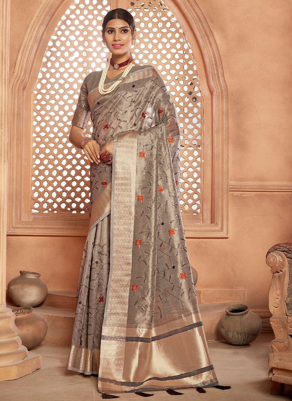 Trendy Saree Fancy Fabric Tissue Grey Resham Saree