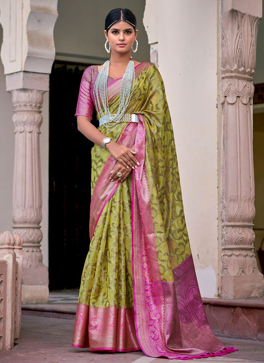 Classic Silk Tissue Green Pink Weaving Saree