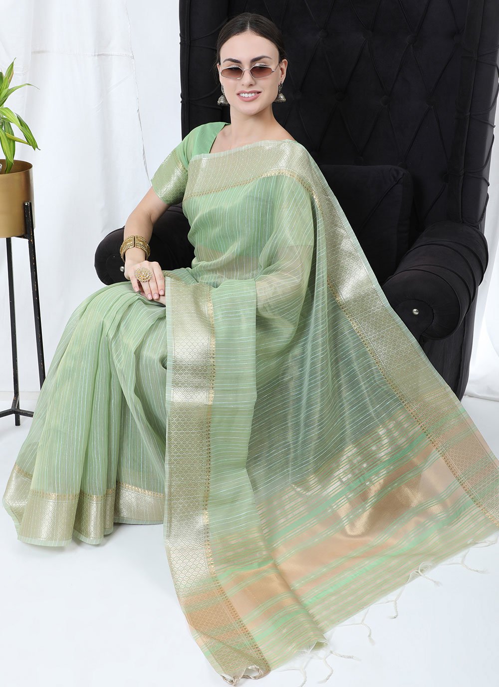 Classic Linen Tissue Sea Green Strips Print Saree