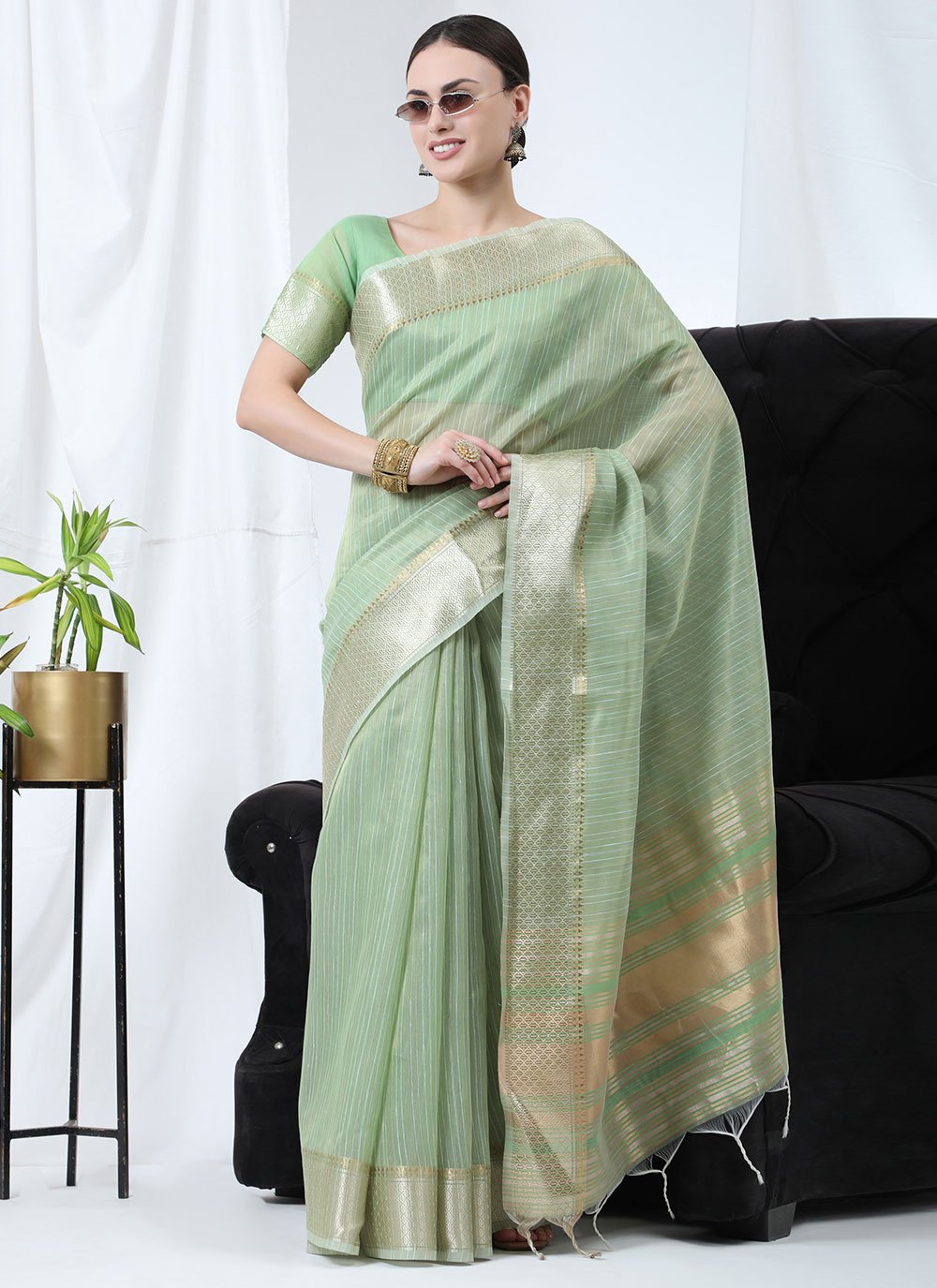 Classic Linen Tissue Sea Green Strips Print Saree