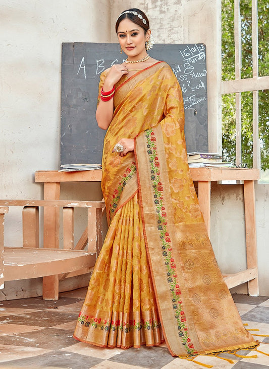 Traditional Saree Organza Yellow Embroidered Saree