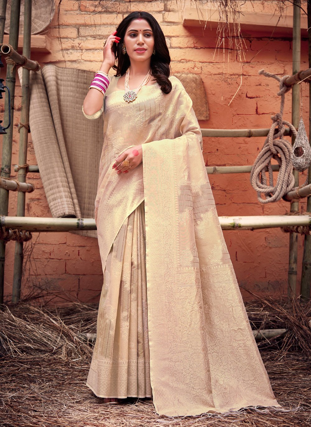 Traditional Saree Organza Peach Weaving Saree