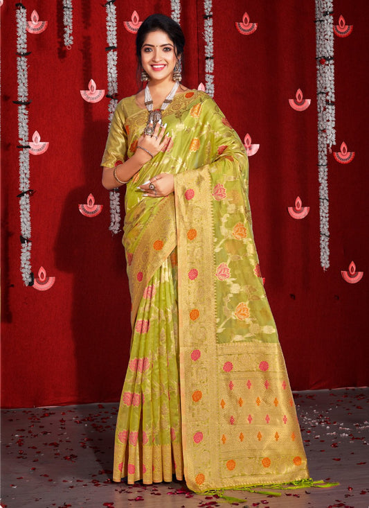 Traditional Saree Organza Green Embroidered Saree