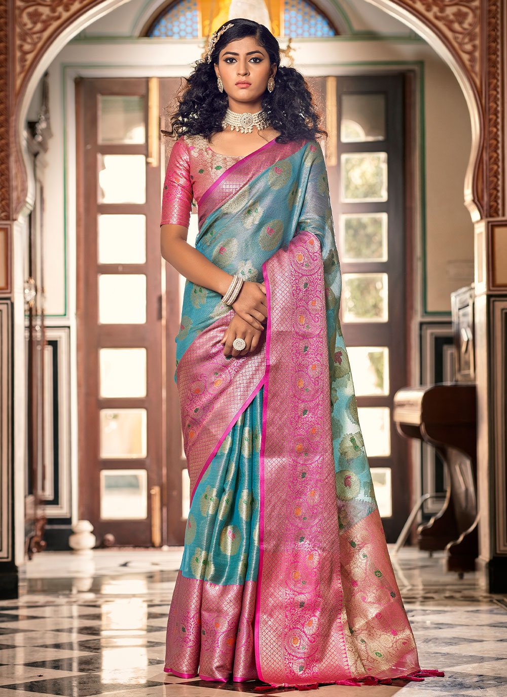 Traditional Saree Organza Blue Jacquard Work Saree