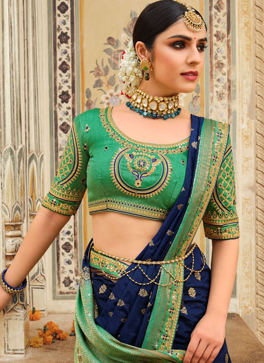 Traditional Saree Fancy Fabric Blue Green Embroidered Saree