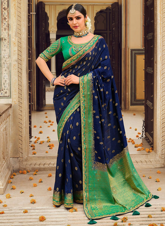 Traditional Saree Fancy Fabric Blue Green Embroidered Saree