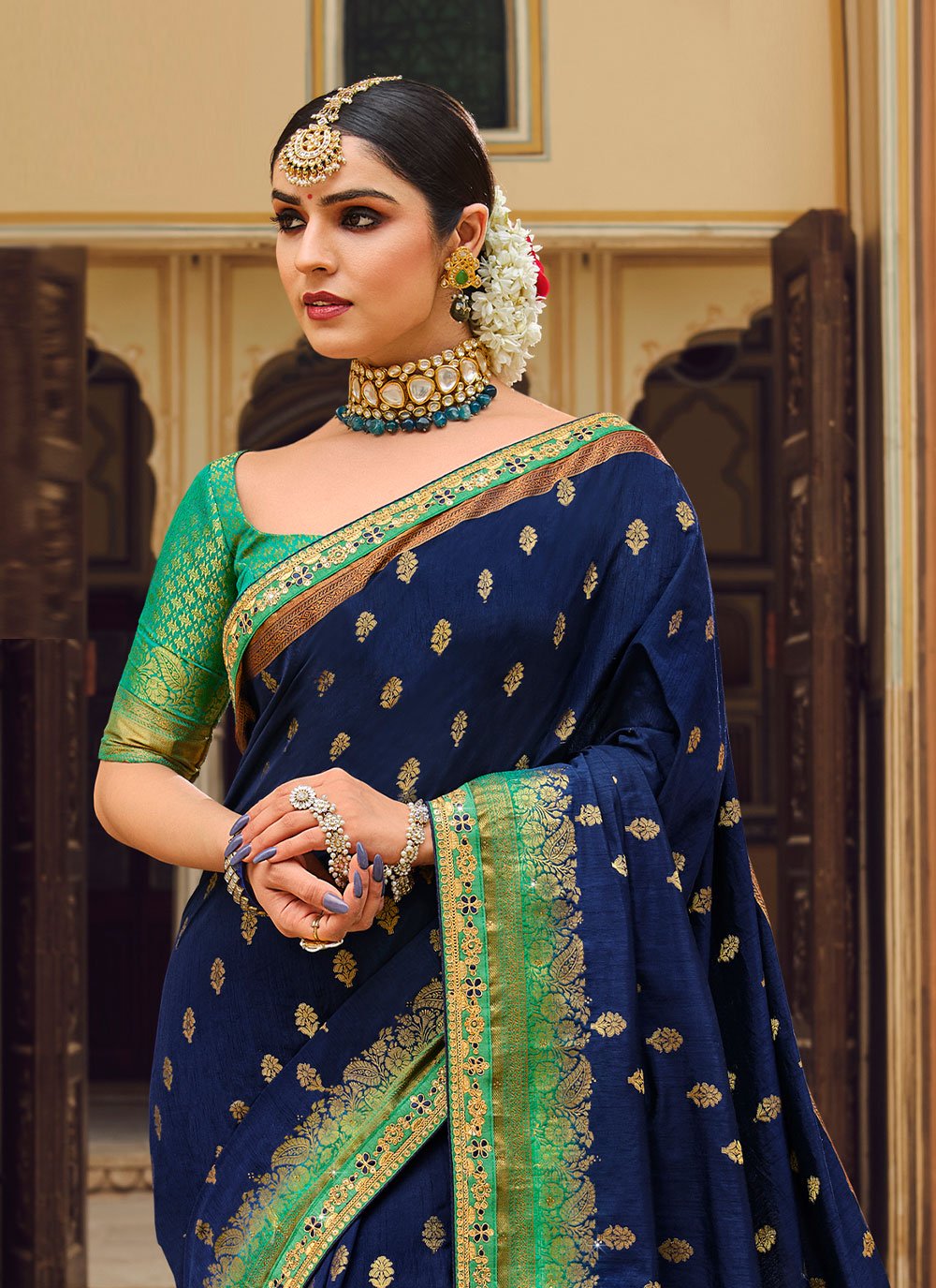 Traditional Saree Fancy Fabric Blue Green Embroidered Saree